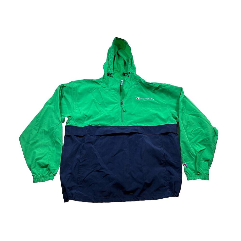 CHAMPION Jacket Mens M Outerwear Windbreaker Hoodie Colorblock 1/4 Zip GreenBlue